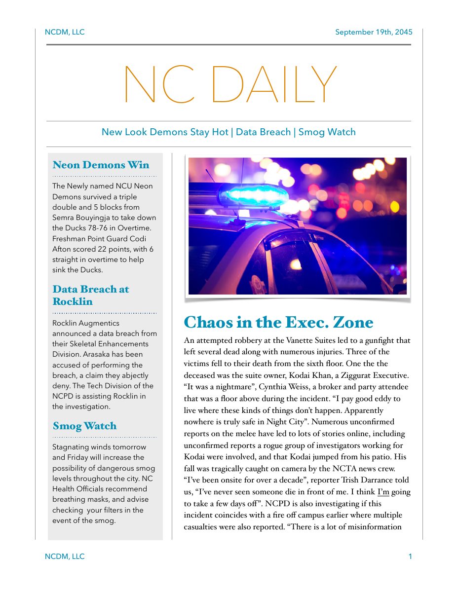 NC Daily screamsheet dated September 19, 2045 with the headline Chaos in the Exec Zone