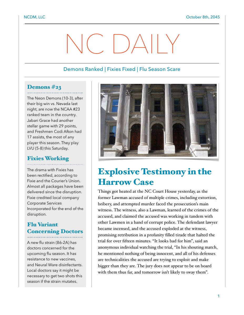 NC Daily screamsheet dated October 8, 2045 reporting that Fixies was operational again